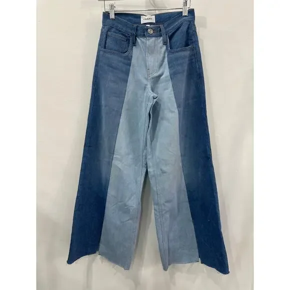Frame Cotton Denim Split Seam Wide Leg Jeans Two-Toned Blue Women's Size 24 - Picture 3 of 9